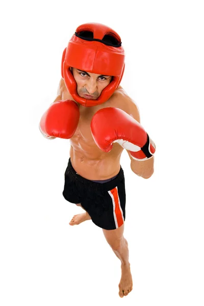 Vista superior del joven boxeador con casco de boxeo y guantes ov —  Fotos de Stock
