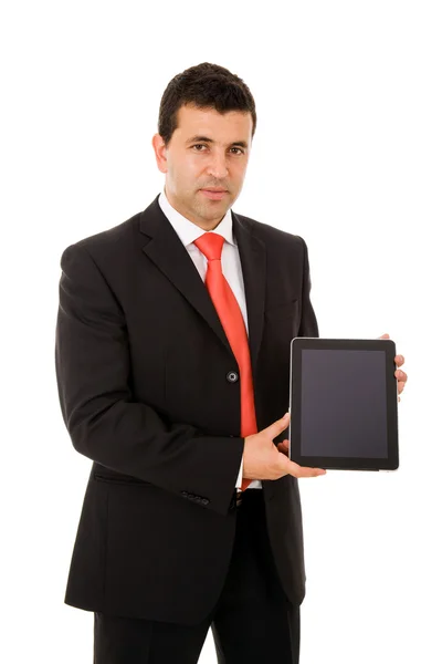 Sorrindo jovem homem de negócios com tablet pc. Isolado sobre branco b — Fotografia de Stock