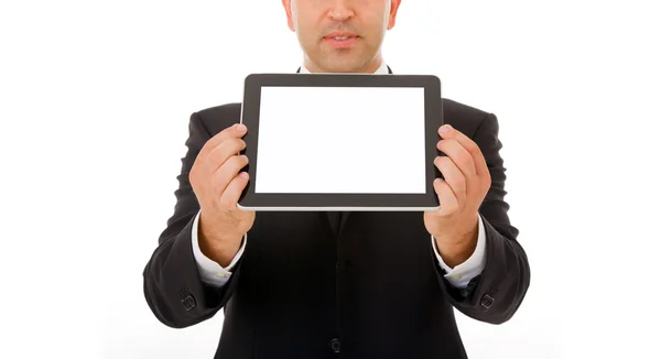 Ο άνθρωπος των επιχειρήσεων εκμετάλλευσης και δείχνει αφής οθόνη tablet pc με κενό — Φωτογραφία Αρχείου