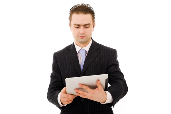 Joven hombre de negocios usando tableta. Aislado sobre fondo blanco —  Fotos de Stock