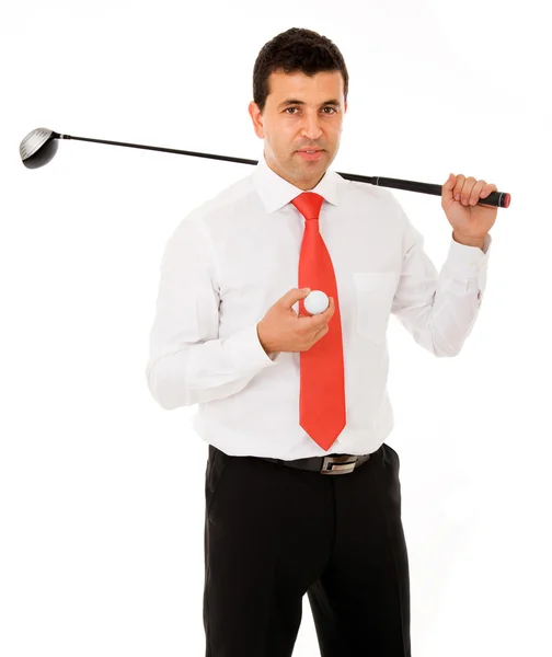 stock image Businessman with golf club and ball isolated