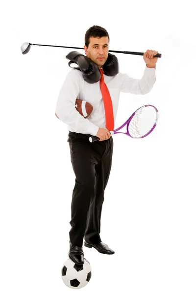 Imagen de un joven hombre de negocios posando con diferentes ki deportivos —  Fotos de Stock