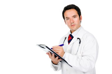 Portrait of a medical doctor writing down notes in a notebook is clipart