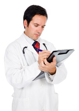 Young medical doctor writing down notes in a notebook isolated o clipart