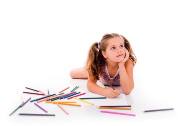 Little girl looking for a drawing concept clipart