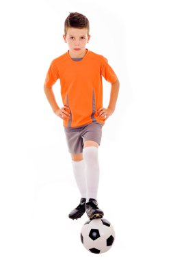 Boy with soccer ball. Isolated on white clipart