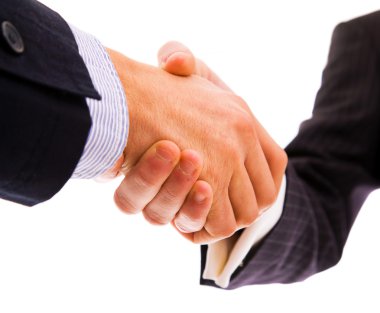 Business men hand shake in white background clipart