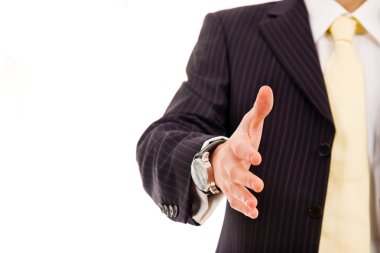 A businessman with an open hand ready to seal a deal clipart