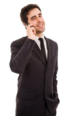 beyaz izole telefonda konuşan genç iş adamı