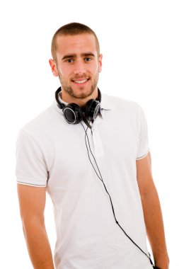 Smiling young boy with headphones around his neck, isolated on w clipart