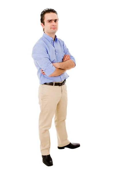 Casual νεαρός άνδρας στέκεται με τα χέρια σταυρωμένα κατά λευκό έκφραση — Φωτογραφία Αρχείου