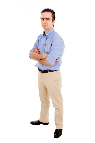 Cuerpo completo de joven hombre casual con los brazos cruzados contra la ba blanca —  Fotos de Stock