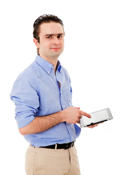 Aantrekkelijke jonge man met touchpad op witte achtergrond — Stockfoto