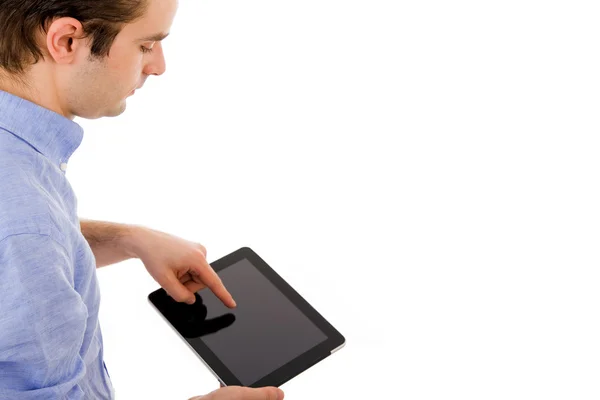 Obchodní muž s tabletovým počítačem. samostatný nad bílým poza — Stock fotografie