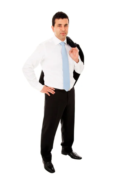 Jovem homem de negócios de corpo inteiro de pé com casaco sobre o deveria — Fotografia de Stock