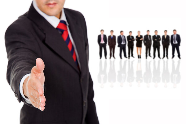 A business man with an open hand ready to seal a deal