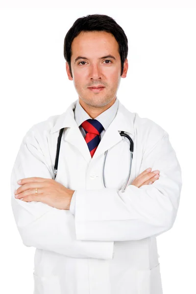 Portrét lékař stojící na bílém pozadí — Stock fotografie
