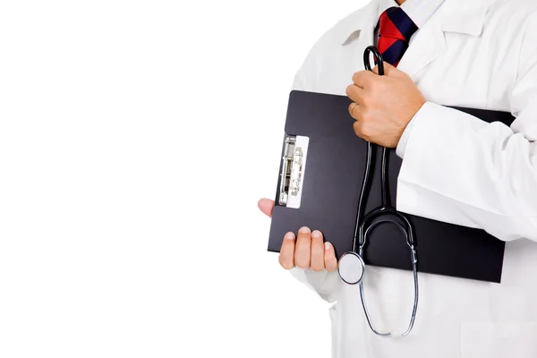Detailní záběr lékař s stethoscop a notebook. izolovat — Stock fotografie