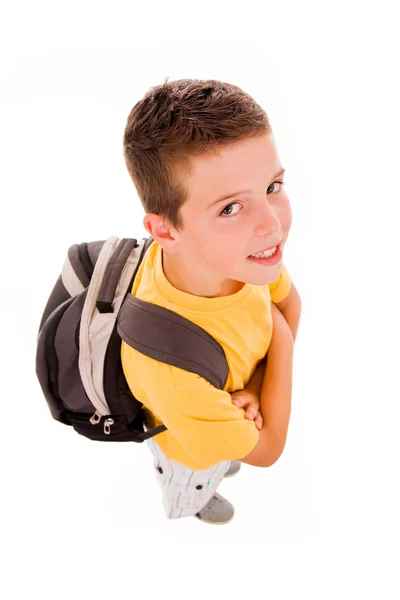 Joven niño de cuerpo completo con bolsa de la escuela, aislado en blanco — Foto de Stock