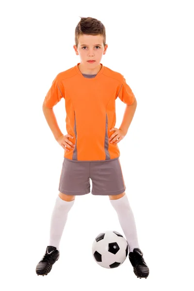 Niño con pelota de fútbol. Aislado sobre blanco — Foto de Stock