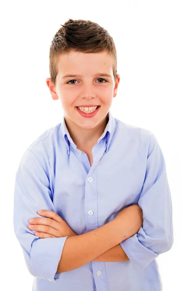 Porträt eines glücklichen kleinen Jungen auf weißem Hintergrund — Stockfoto