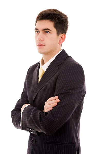 Pensivo jovem homem de negócios retrato em fundo branco — Fotografia de Stock