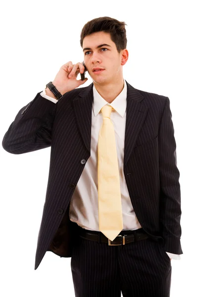 Junger Geschäftsmann am Telefon, isoliert auf weiß — Stockfoto