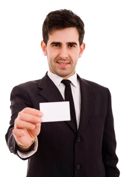 年轻的商人提供在白色背景上的 businesscard — 图库照片