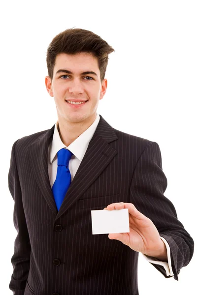 Ung affärsman erbjuder visitkort på vit bakgrund — Stockfoto