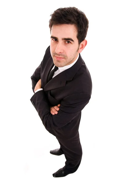 Pełna długość młody biznes człowiek stojący z rękoma nad — Zdjęcie stockowe
