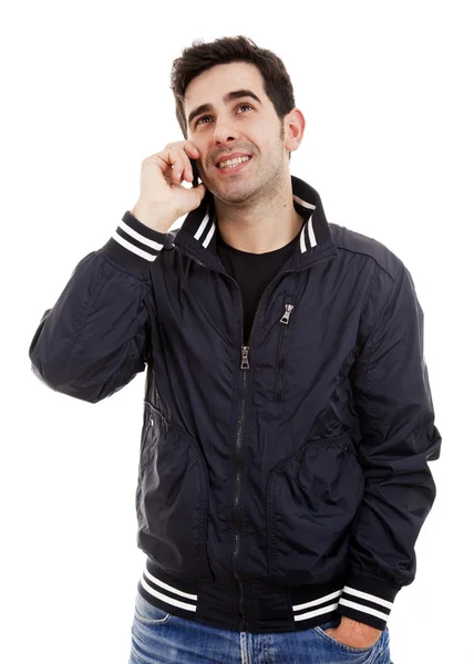 Alkalmi fiatalember beszél a telefonon, elszigetelt fehér háttérb — Stock Fotó