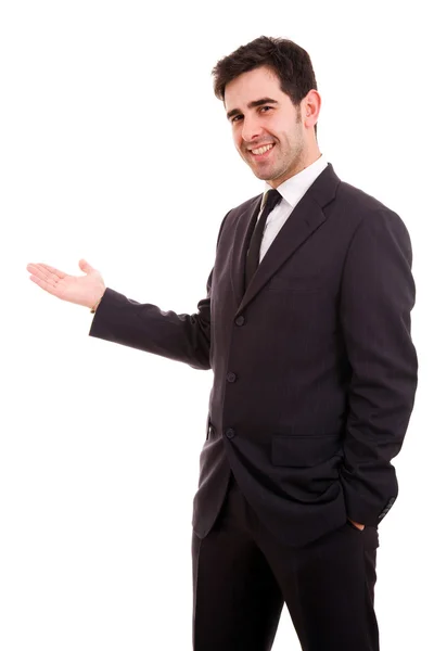 Счастливый молодой бизнесмен представляет на белом фоне — стоковое фото