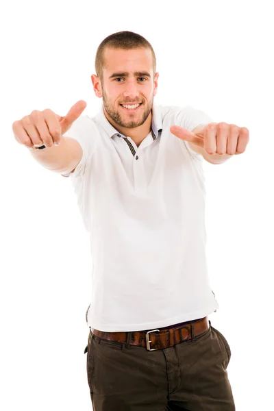 Šťastný neformální mladý muž, palec nahoru a usmívá se, izolované na bílém b — Stock fotografie