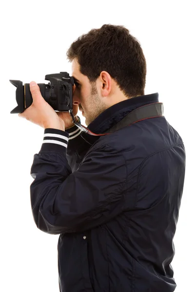 年轻男性摄影师用相机，孤立在白色 — 图库照片