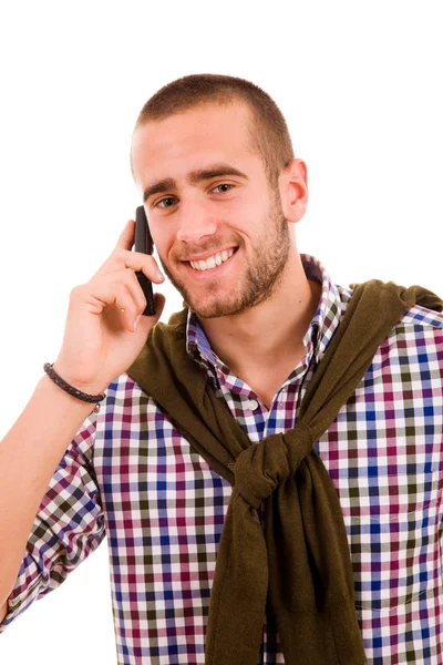 Šťastný mladý muž do telefonu, izolované na bílém — Stock fotografie