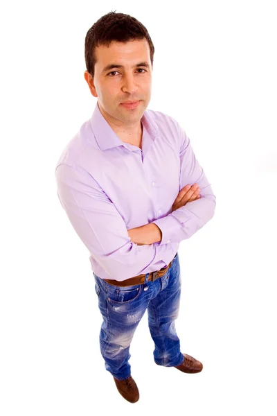 Top view of a young casual man full body in a white background — Stock Photo, Image