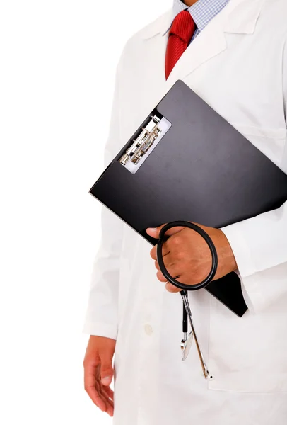 Närbild av läkare med stethoscop och bärbara datorer. isolera — Stockfoto