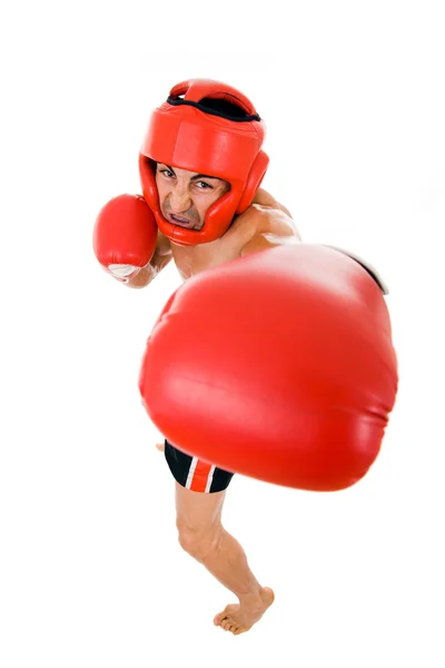 Vista superior del joven boxeador con casco de boxeo y guantes ov — Foto de Stock