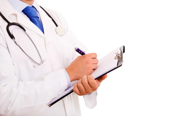 Close up of medical doctor with stethoscope writing. Isolated ov — Stock Photo, Image
