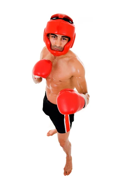 Visão superior do lutador Boxer jovem com capacete de boxe e luvas ov — Fotografia de Stock
