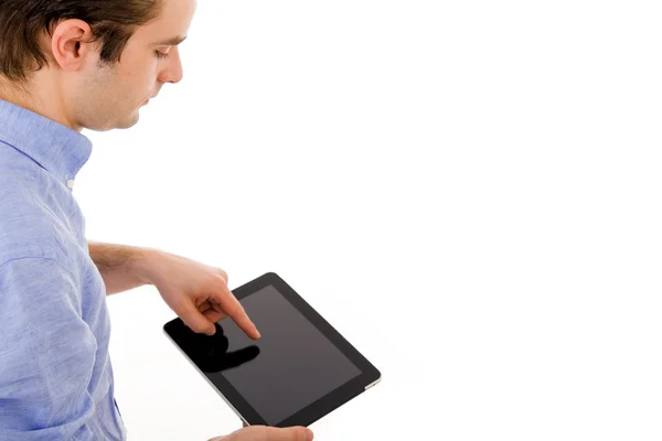 Affärsman med Tablet PC-datorn. isolerade över vita bak — Stockfoto