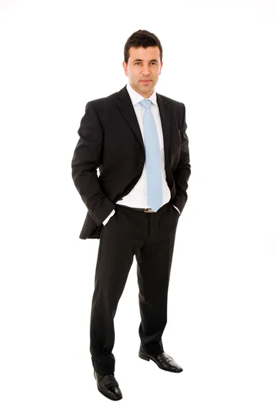 Full body portrait of happy smiling business man standing with h — Stock Photo, Image