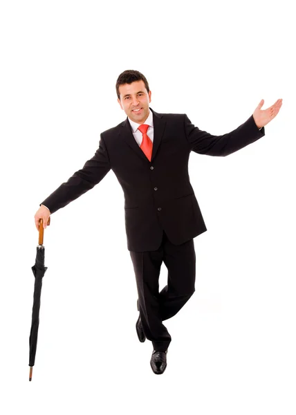 Щасливий молодий бізнесмен тримає парасольку на білому тлі — стокове фото