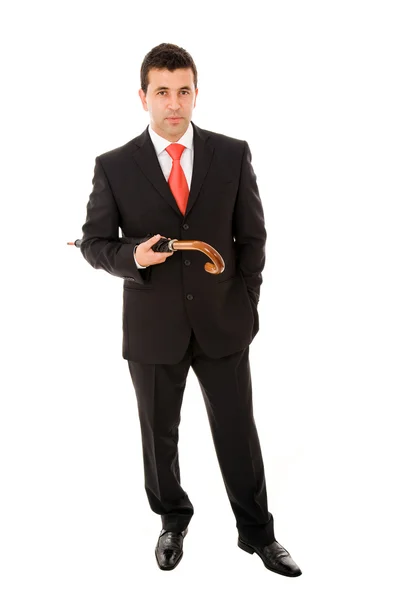 Ung affärsman holding och paraply på vit bakgrund — Stockfoto