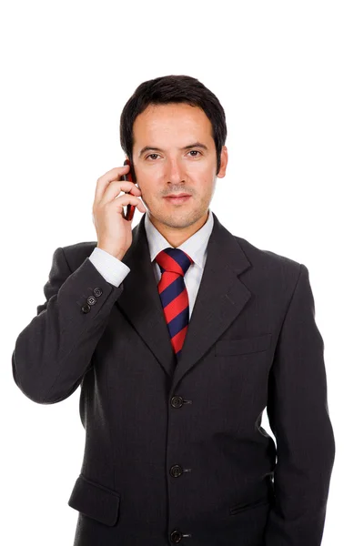 Joven hombre de negocios hablando por teléfono móvil, aislado en blanco —  Fotos de Stock