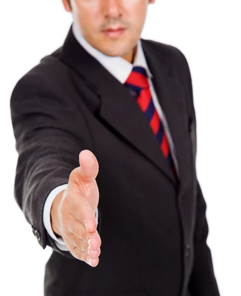 Un hombre de negocios con la mano abierta listo para cerrar un trato — Foto de Stock