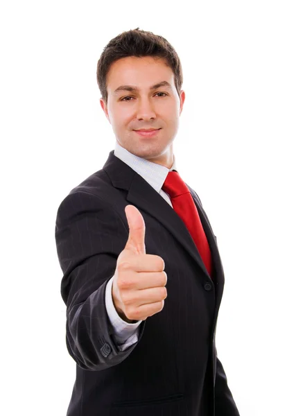 Young business man thumb up, isolated on white — Stock Photo, Image