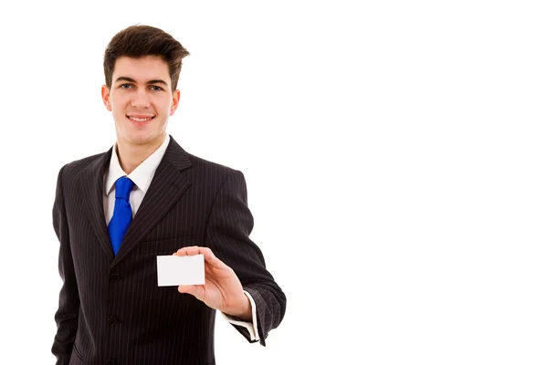 Ung affärsman erbjuder visitkort på vit bakgrund. — Stockfoto