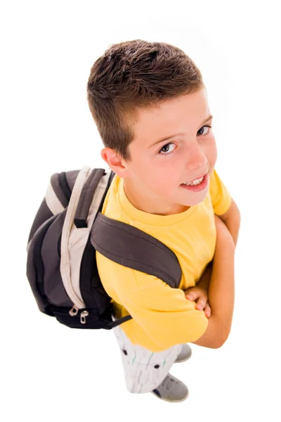 Ung pojke hela kroppen med väska, isolerad på vit — Stockfoto