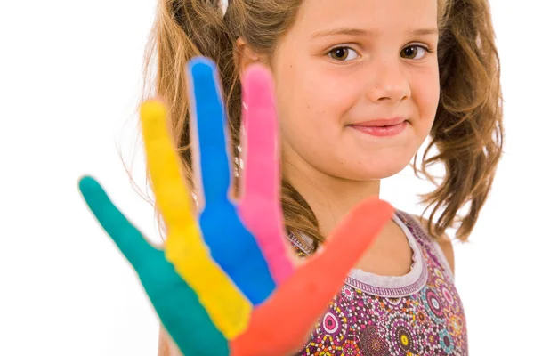 Beautiful little girl with paited hands — Stock Photo, Image